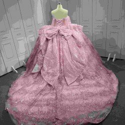 Mumuleo Pink Sweetheart Corset Quinceañera Dress | Sparkly Sequin Beaded Ball Gown with Oversized Big Bow Back & Train