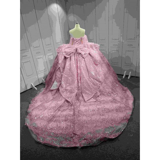 Mumuleo Pink Sweetheart Corset Quinceañera Dress | Sparkly Sequin Beaded Ball Gown with Oversized Big Bow Back & Train