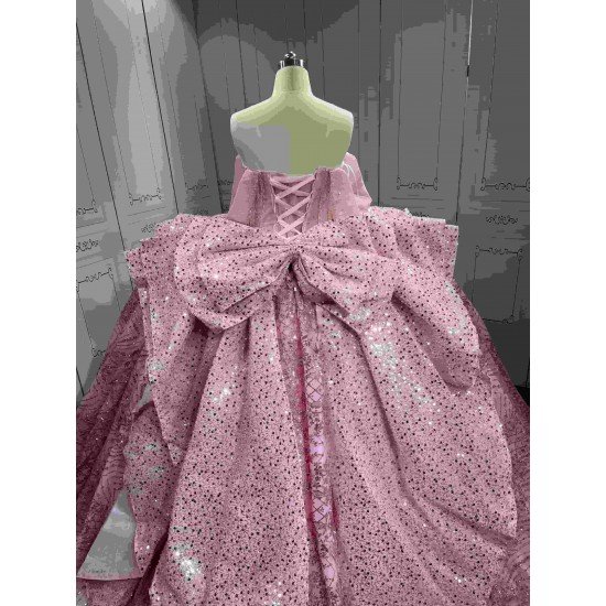 Mumuleo Pink Sweetheart Corset Quinceañera Dress | Sparkly Sequin Beaded Ball Gown with Oversized Big Bow Back & Train