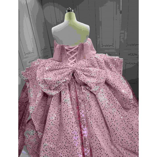 Mumuleo Pink Sweetheart Corset Quinceañera Dress | Sparkly Sequin Beaded Ball Gown with Oversized Big Bow Back & Train