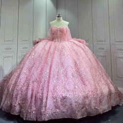 Mumuleo Pink Sweetheart Corset Quinceañera Dress | Sparkly Sequin Beaded Ball Gown with Oversized Big Bow Back & Train