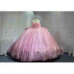 Mumuleo Pink Sweetheart Corset Quinceañera Dress | Sparkly Sequin Beaded Ball Gown with Oversized Big Bow Back & Train