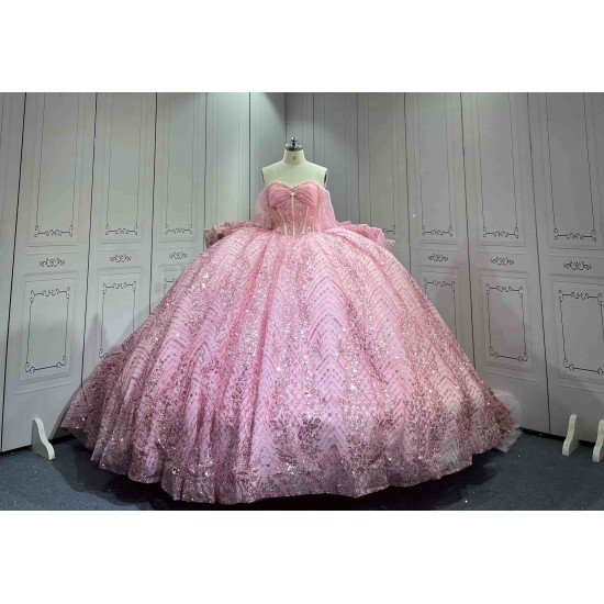 Mumuleo Pink Sweetheart Corset Quinceañera Dress | Sparkly Sequin Beaded Ball Gown with Oversized Big Bow Back & Train