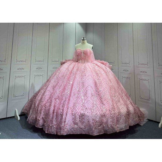 Mumuleo Pink Sweetheart Corset Quinceañera Dress | Sparkly Sequin Beaded Ball Gown with Oversized Big Bow Back & Train