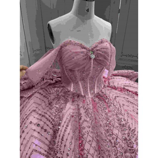 Mumuleo Pink Sweetheart Corset Quinceañera Dress | Sparkly Sequin Beaded Ball Gown with Oversized Big Bow Back & Train