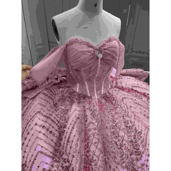 Mumuleo Pink Sweetheart Corset Quinceañera Dress | Sparkly Sequin Beaded Ball Gown with Oversized Big Bow Back & Train