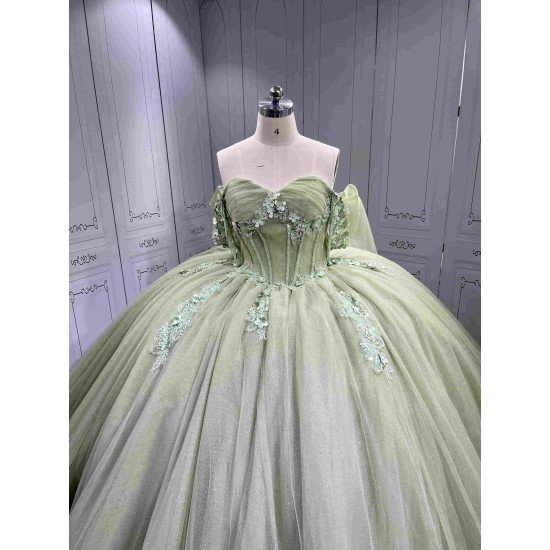 Mumuleo Sage Green Off Shoulder Corset Quinceañera Dress | 3D Floral Beaded Big Bow Back Tulle Ball Gown with Ruffle Train