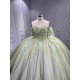 Mumuleo Sage Green Off Shoulder Corset Quinceañera Dress | 3D Floral Beaded Big Bow Back Tulle Ball Gown with Ruffle Train