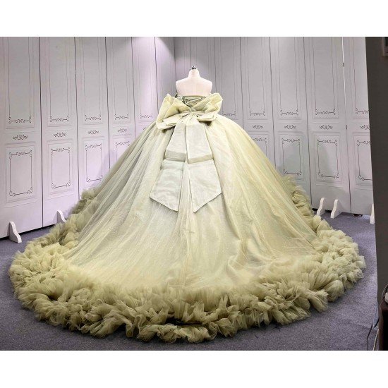 Mumuleo Sage Green Off Shoulder Corset Quinceañera Dress | 3D Floral Beaded Big Bow Back Tulle Ball Gown with Ruffle Train