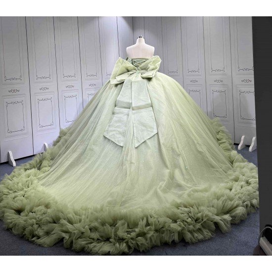Mumuleo Sage Green Off Shoulder Corset Quinceañera Dress | 3D Floral Beaded Big Bow Back Tulle Ball Gown with Ruffle Train