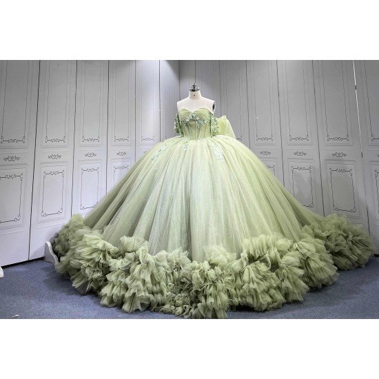 Mumuleo Sage Green Off Shoulder Corset Quinceañera Dress | 3D Floral Beaded Big Bow Back Tulle Ball Gown with Ruffle Train