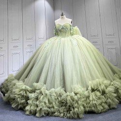 Mumuleo Sage Green Off Shoulder Corset Quinceañera Dress | 3D Floral Beaded Big Bow Back Tulle Ball Gown with Ruffle Train