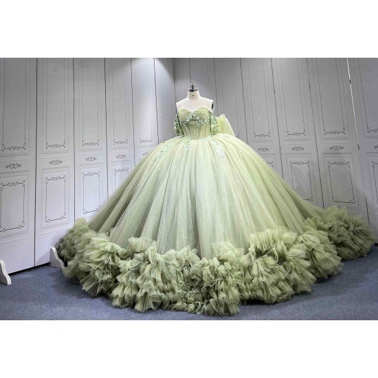 Mumuleo Sage Green Off Shoulder Corset Quinceañera Dress | 3D Floral Beaded Big Bow Back Tulle Ball Gown with Ruffle Train