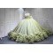 Mumuleo Sage Green Off Shoulder Corset Quinceañera Dress | 3D Floral Beaded Big Bow Back Tulle Ball Gown with Ruffle Train