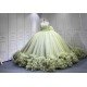 Mumuleo Sage Green Off Shoulder Corset Quinceañera Dress | 3D Floral Beaded Big Bow Back Tulle Ball Gown with Ruffle Train