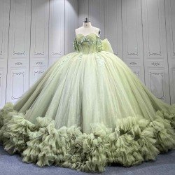 Mumuleo Sage Green Off Shoulder Corset Quinceañera Dress | 3D Floral Beaded Big Bow Back Tulle Ball Gown with Ruffle Train