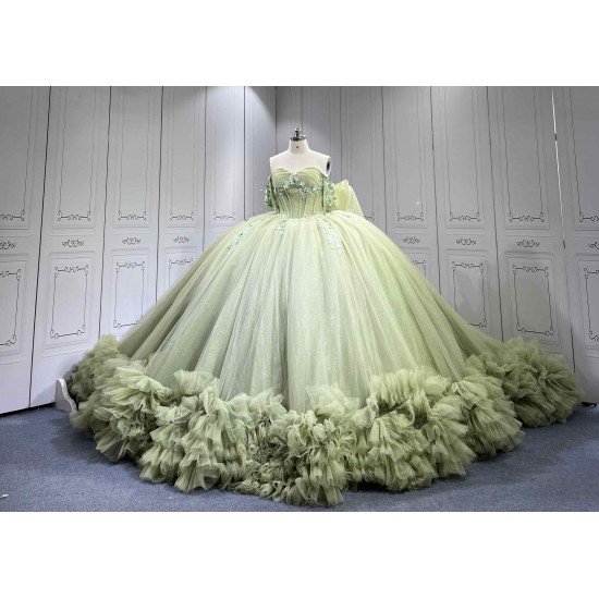 Mumuleo Sage Green Off Shoulder Corset Quinceañera Dress | 3D Floral Beaded Big Bow Back Tulle Ball Gown with Ruffle Train