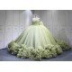 Mumuleo Sage Green Off Shoulder Corset Quinceañera Dress | 3D Floral Beaded Big Bow Back Tulle Ball Gown with Ruffle Train