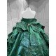 Mumuleo Luxury Emerald Green Satin Quinceañera Dress | Off Shoulder Beaded Lace Ball Gown with Big Bow & Long Train