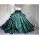 Mumuleo Luxury Emerald Green Satin Quinceañera Dress | Off Shoulder Beaded Lace Ball Gown with Big Bow & Long Train