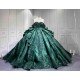 Mumuleo Luxury Emerald Green Satin Quinceañera Dress | Off Shoulder Beaded Lace Ball Gown with Big Bow & Long Train