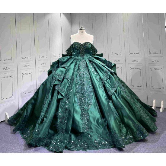 Mumuleo Luxury Emerald Green Satin Quinceañera Dress | Off Shoulder Beaded Lace Ball Gown with Big Bow & Long Train