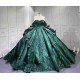 Mumuleo Luxury Emerald Green Satin Quinceañera Dress | Off Shoulder Beaded Lace Ball Gown with Big Bow & Long Train