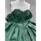 Mumuleo Luxury Emerald Green Satin Quinceañera Dress | Off Shoulder Beaded Lace Ball Gown with Big Bow & Long Train