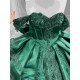 Mumuleo Luxury Emerald Green Satin Quinceañera Dress | Off Shoulder Beaded Lace Ball Gown with Big Bow & Long Train