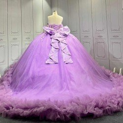 Mumuleo Purple Quinceañera Dress | Off Shoulder Sweetheart Ballgown with 3D Florals, Crystal Tassel Sleeves & Giant Tiered Satin Back Bow