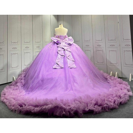 Mumuleo Purple Quinceañera Dress | Off Shoulder Sweetheart Ballgown with 3D Florals, Crystal Tassel Sleeves & Giant Tiered Satin Back Bow