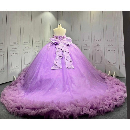 Mumuleo Purple Quinceañera Dress | Off Shoulder Sweetheart Ballgown with 3D Florals, Crystal Tassel Sleeves & Giant Tiered Satin Back Bow