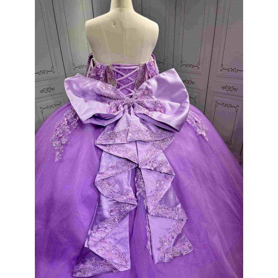 Mumuleo Purple Quinceañera Dress | Off Shoulder Sweetheart Ballgown with 3D Florals, Crystal Tassel Sleeves & Giant Tiered Satin Back Bow