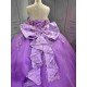 Mumuleo Purple Quinceañera Dress | Off Shoulder Sweetheart Ballgown with 3D Florals, Crystal Tassel Sleeves & Giant Tiered Satin Back Bow