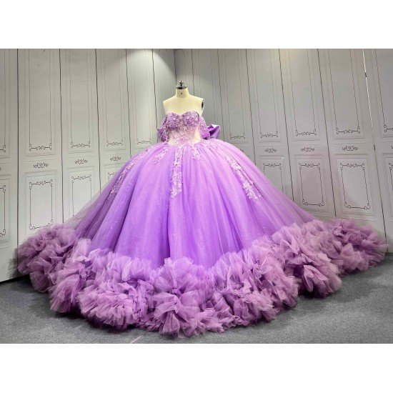 Mumuleo Purple Quinceañera Dress | Off Shoulder Sweetheart Ballgown with 3D Florals, Crystal Tassel Sleeves & Giant Tiered Satin Back Bow