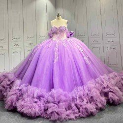 Mumuleo Purple Quinceañera Dress | Off Shoulder Sweetheart Ballgown with 3D Florals, Crystal Tassel Sleeves & Giant Tiered Satin Back Bow