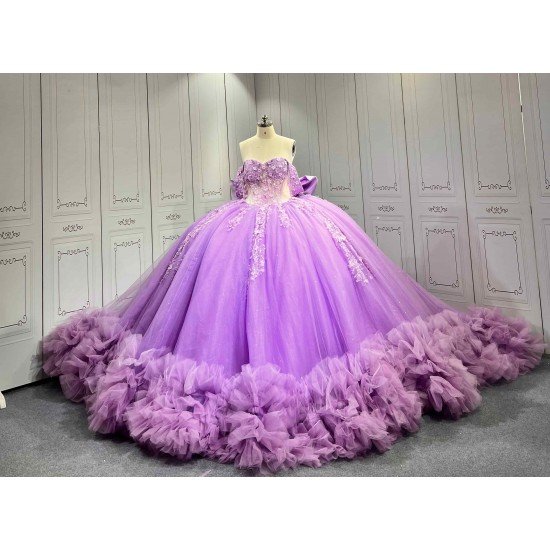 Mumuleo Purple Quinceañera Dress | Off Shoulder Sweetheart Ballgown with 3D Florals, Crystal Tassel Sleeves & Giant Tiered Satin Back Bow