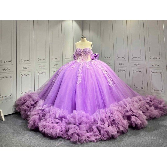 Mumuleo Purple Quinceañera Dress | Off Shoulder Sweetheart Ballgown with 3D Florals, Crystal Tassel Sleeves & Giant Tiered Satin Back Bow