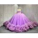 Mumuleo Purple Quinceañera Dress | Off Shoulder Sweetheart Ballgown with 3D Florals, Crystal Tassel Sleeves & Giant Tiered Satin Back Bow