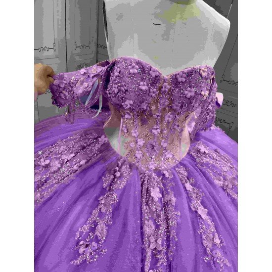 Mumuleo Purple Quinceañera Dress | Off Shoulder Sweetheart Ballgown with 3D Florals, Crystal Tassel Sleeves & Giant Tiered Satin Back Bow