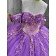 Mumuleo Purple Quinceañera Dress | Off Shoulder Sweetheart Ballgown with 3D Florals, Crystal Tassel Sleeves & Giant Tiered Satin Back Bow
