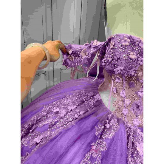 Mumuleo Purple Quinceañera Dress | Off Shoulder Sweetheart Ballgown with 3D Florals, Crystal Tassel Sleeves & Giant Tiered Satin Back Bow