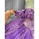 Mumuleo Purple Quinceañera Dress | Off Shoulder Sweetheart Ballgown with 3D Florals, Crystal Tassel Sleeves & Giant Tiered Satin Back Bow