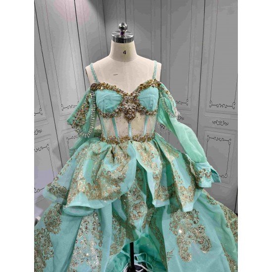Mumuleo Mint Green Quinceañera Dress | Spaghetti Strap Sweetheart Ballgown with Detachable Puff Sleeves, Gold Sequin Lace & Giant Layered Back Bow