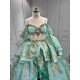 Mumuleo Mint Green Quinceañera Dress | Spaghetti Strap Sweetheart Ballgown with Detachable Puff Sleeves, Gold Sequin Lace & Giant Layered Back Bow