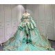 Mumuleo Mint Green Quinceañera Dress | Spaghetti Strap Sweetheart Ballgown with Detachable Puff Sleeves, Gold Sequin Lace & Giant Layered Back Bow