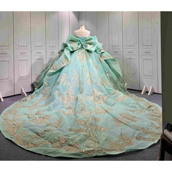 Mumuleo Mint Green Quinceañera Dress | Spaghetti Strap Sweetheart Ballgown with Detachable Puff Sleeves, Gold Sequin Lace & Giant Layered Back Bow