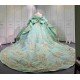 Mumuleo Mint Green Quinceañera Dress | Spaghetti Strap Sweetheart Ballgown with Detachable Puff Sleeves, Gold Sequin Lace & Giant Layered Back Bow
