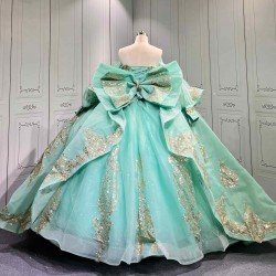 Mumuleo Mint Green Quinceañera Dress | Spaghetti Strap Sweetheart Ballgown with Detachable Puff Sleeves, Gold Sequin Lace & Giant Layered Back Bow