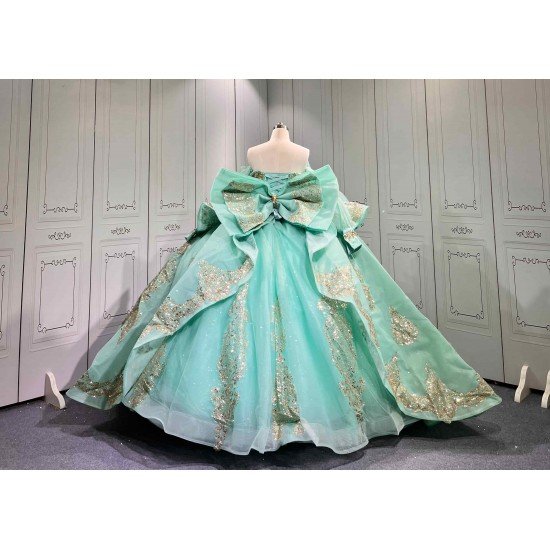 Mumuleo Mint Green Quinceañera Dress | Spaghetti Strap Sweetheart Ballgown with Detachable Puff Sleeves, Gold Sequin Lace & Giant Layered Back Bow